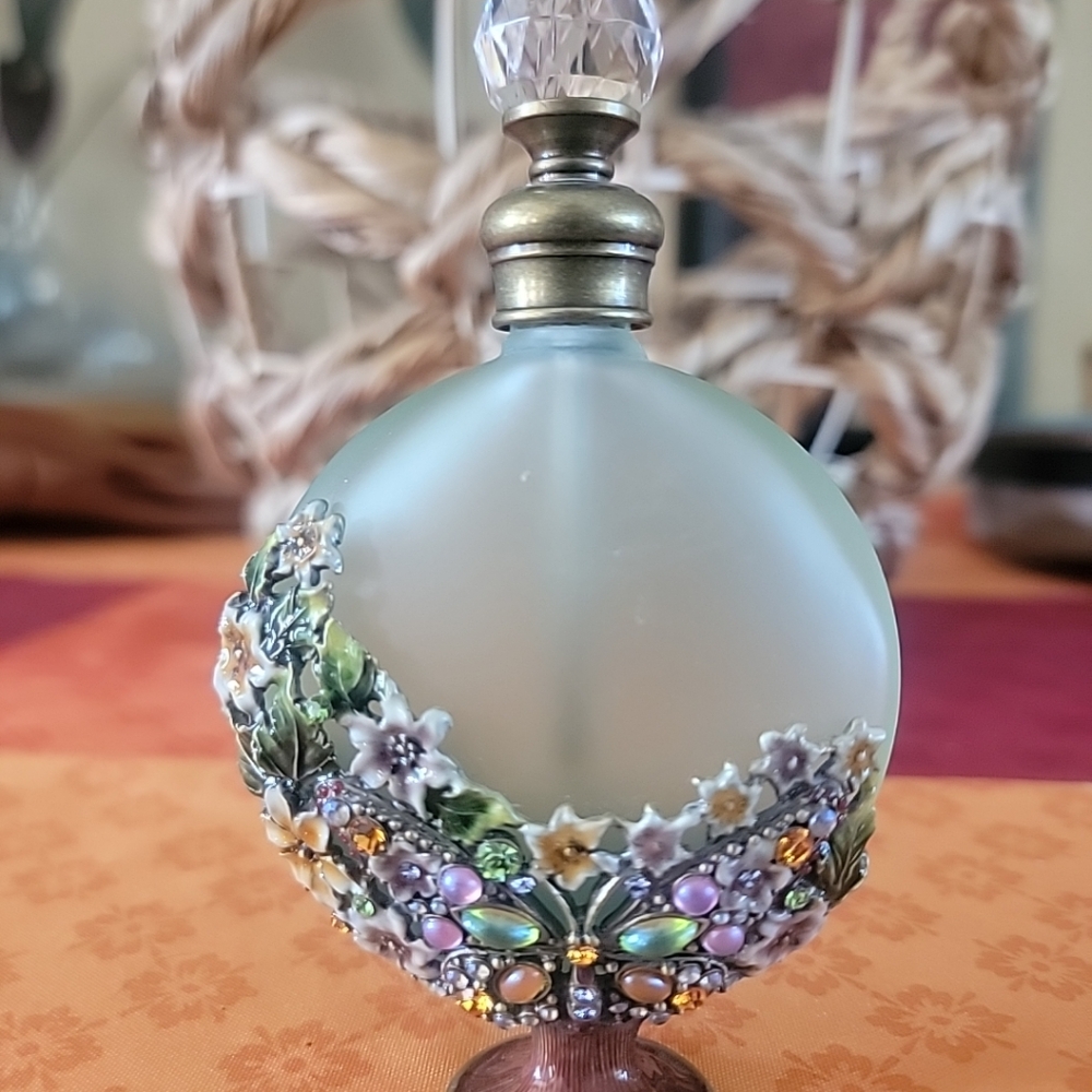 JEWELED BUTTERFLY GLASS PERFUME BOTTLE ENAMELED CRYSTAL STOPPER